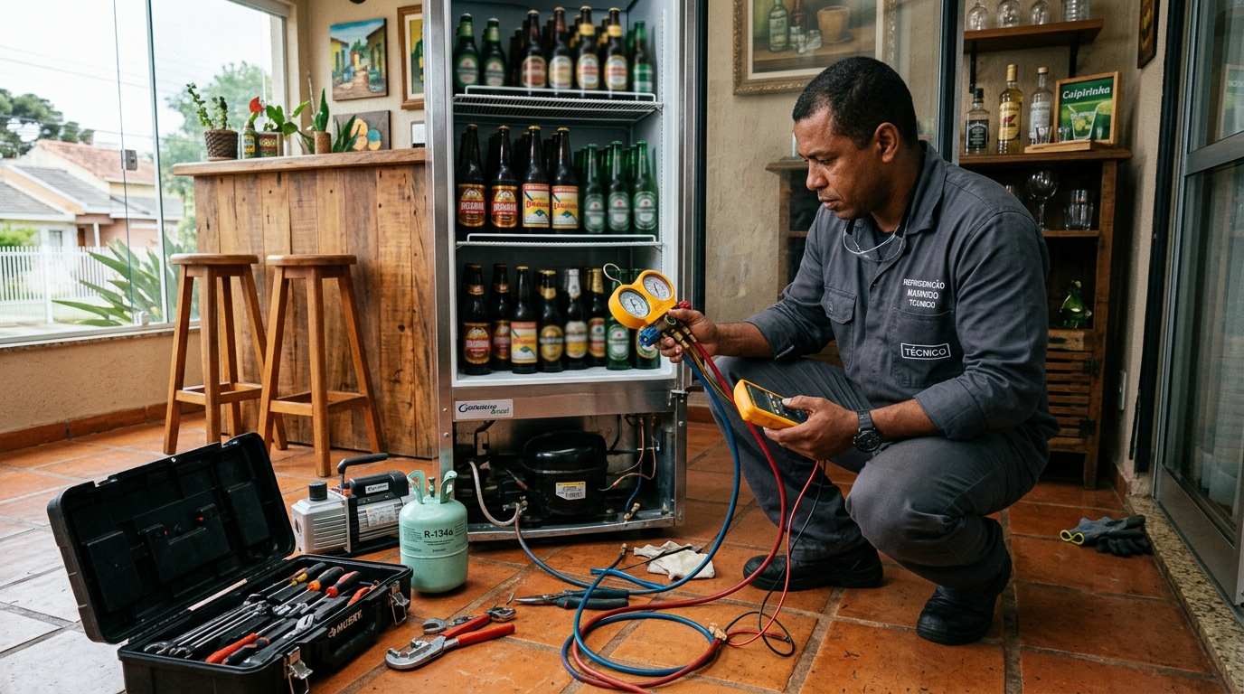 Técnico revisando o motor de uma cervejeira durante chamado em Serra‑ES