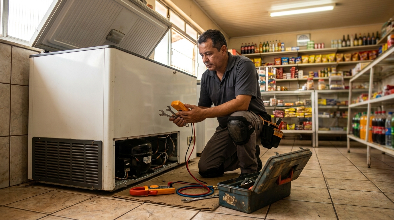 Técnico reparando o motor de um freezer horizontal em Serra‑ES