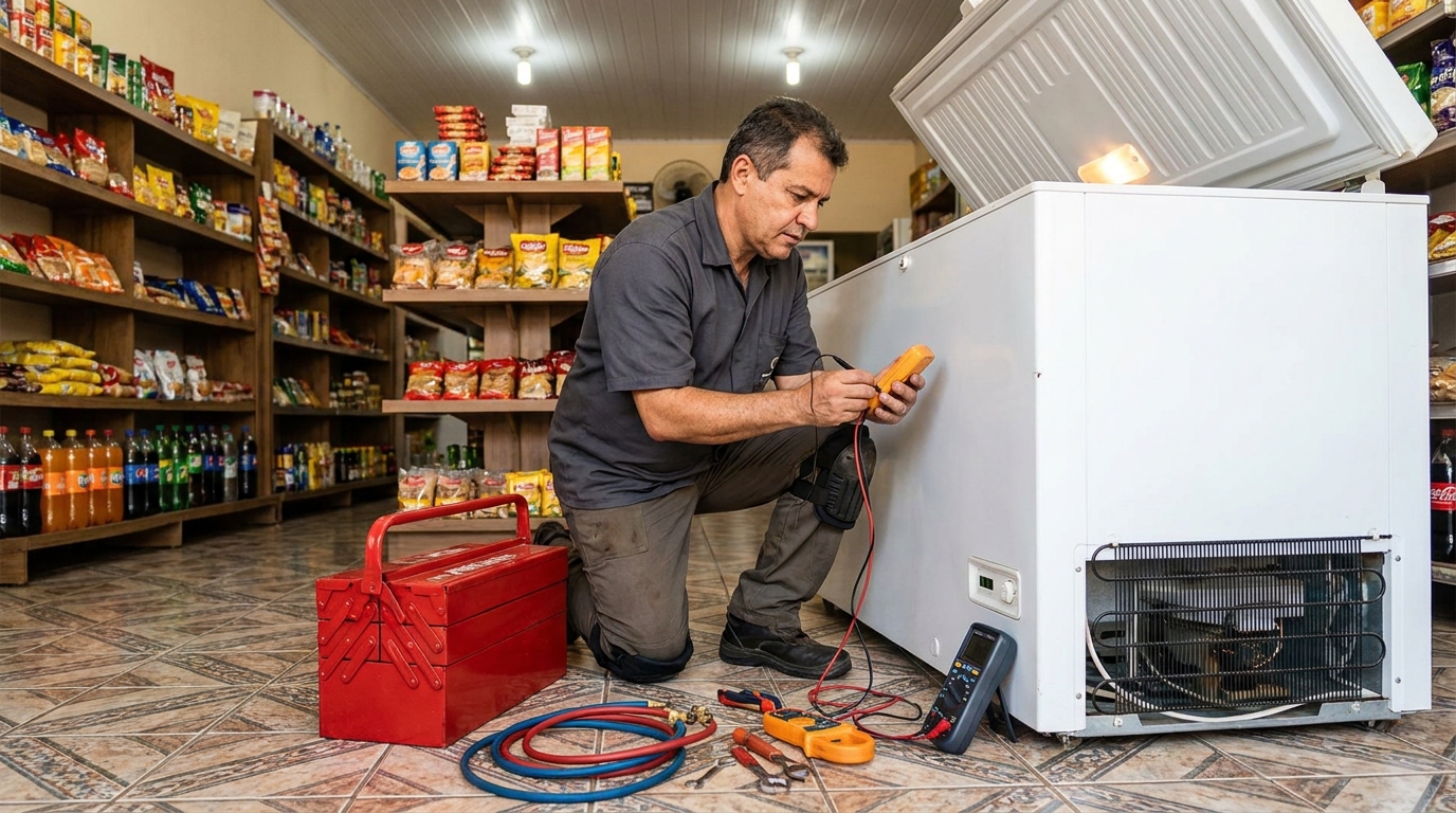 Manômetro conectado ao circuito durante recarga de gás de freezer em Serra‑ES
