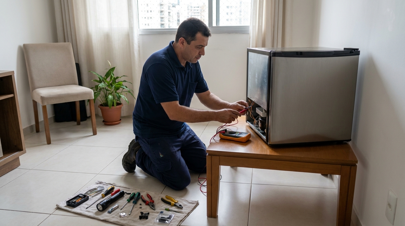 Técnico avaliando um frigobar compacto durante atendimento em Serra‑ES